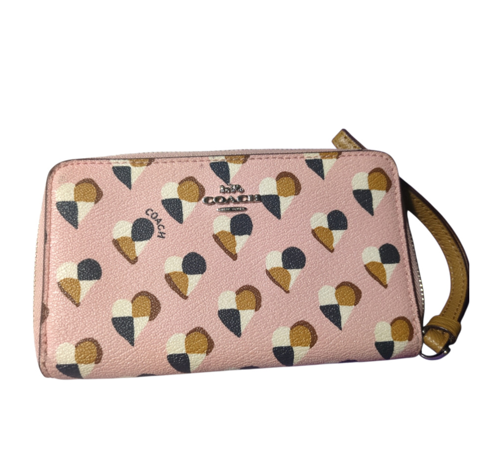 Coach Checker Heart Print Zip Around Wallet Wristlet Blush Pink